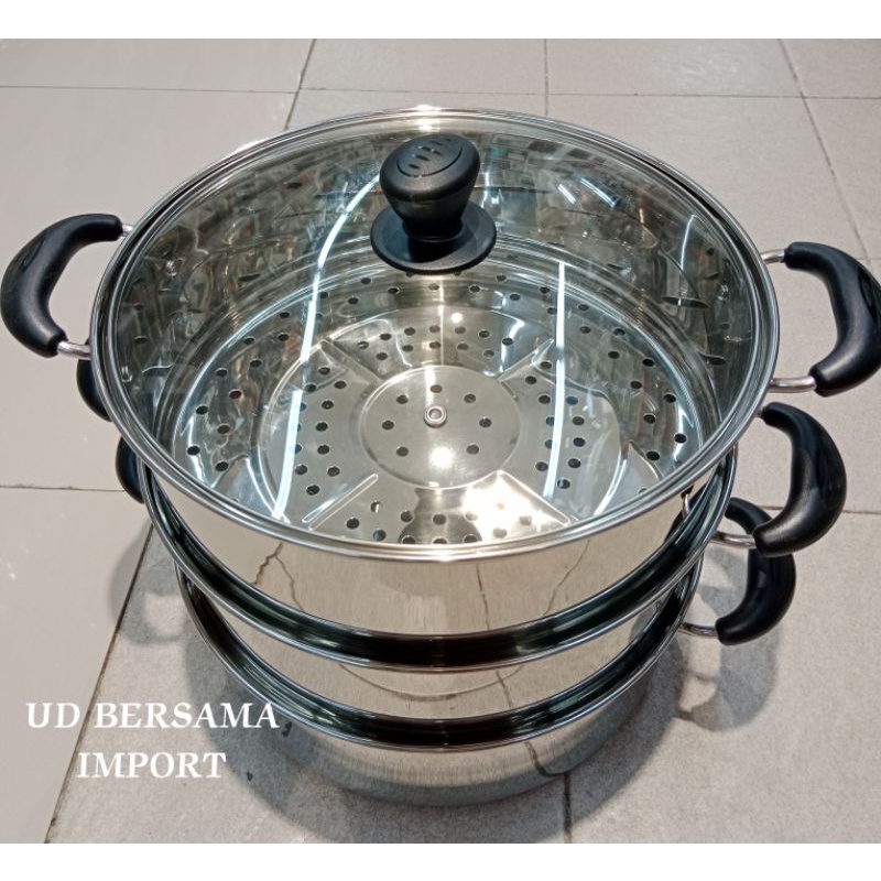 Panci Kukus 3 Susun Tutup Kaca Stainless Steel Steamer 30Cm KRISCHEF