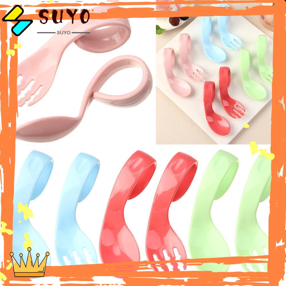 Suyou 2Pcs / Set Sendok + Garpu Anti Slip Warna Polos Untuk Bayi Belajar Makan