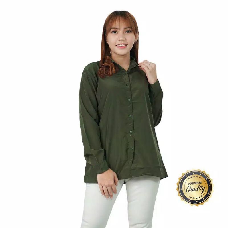 Baju Kemeja Wanita Kerja Kantor Lengan Panjang Murah Polos Casual Korea Putih Harian Jumbo Hitam rh1-Hijau