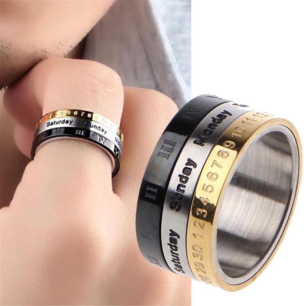 Cincin Angka Romawi TOP Fashion Vintage Biker Kalender Tanggal Waktu Bahan Titanium Steel 3bagian