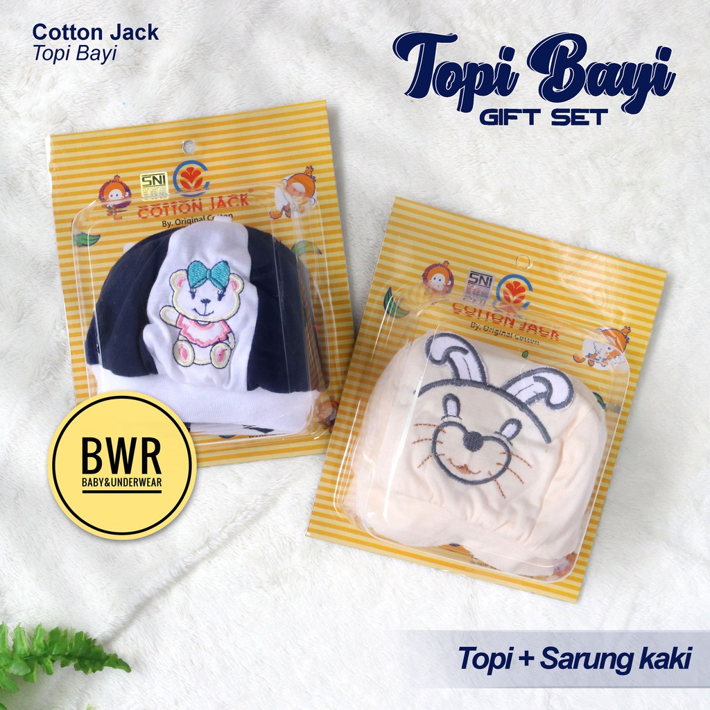 Topi Cotton Jack MIKA Gift Set | Topi + Kaos Kaki Bayi Motif Lucu - Bwr