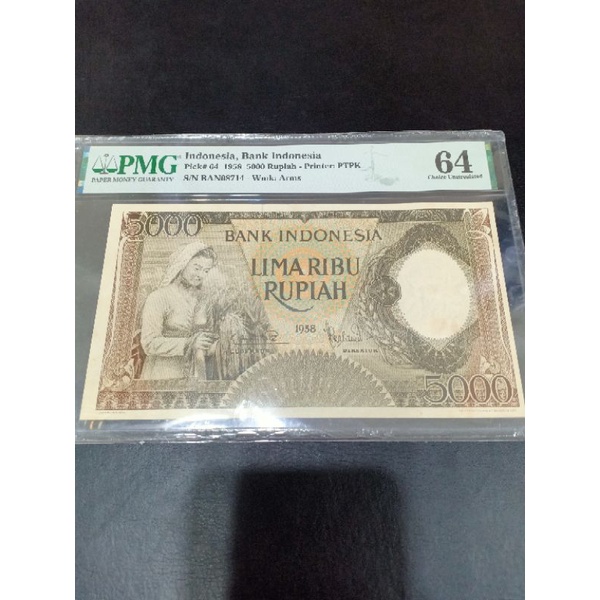 uang kuno pekerja coklat 5000 rupiah tahun 1959 pmg