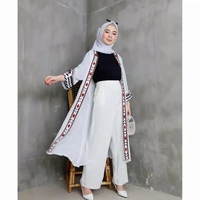 Premium cardi muslimah/Cardigan etnik super/Muslim long casual putih