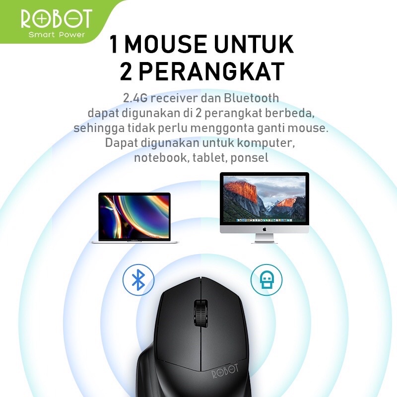 ROBOT Mouse Wireless M350 Silent Click 1600DPI dengan Receiver USB &amp; Bluetooth untuk PC Laptop BY PA