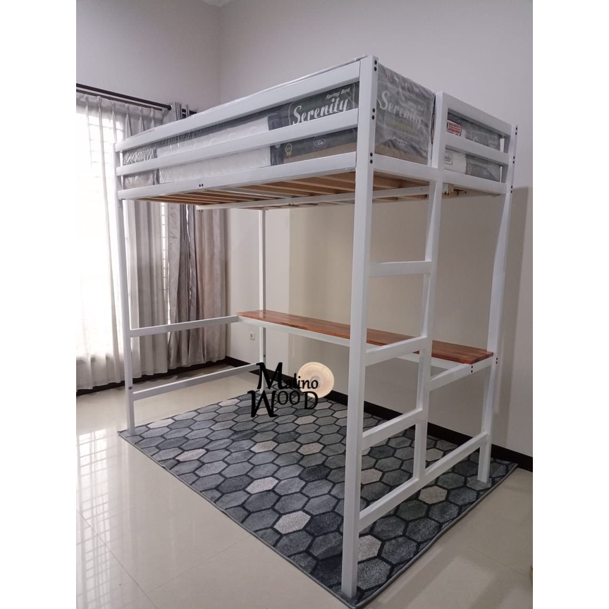 Loft bed besi ranjang tempat tidur minimalis dipan divan besi meja belajar