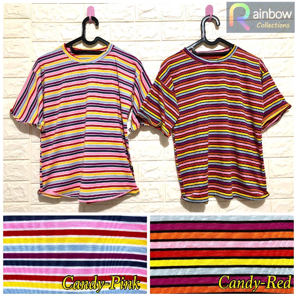 KAOS T-SHIRT O-NECK MOTIF GARIS PELANGI SWEET CANDY RAINBOW