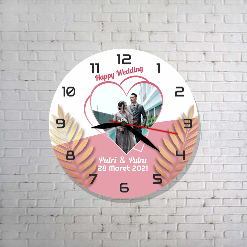 JAM DINDING KAYU CUSTOM FOTO HADIAH WEDDING DIAMETER 20/30CM, MESIN JAM SWEEP TIDAK BERDETAK