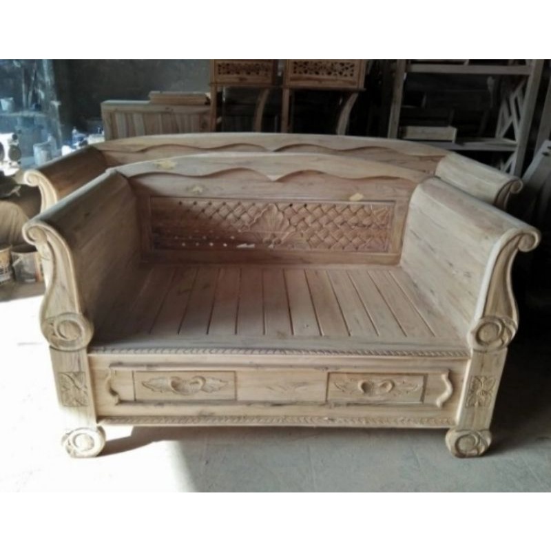 Bangku Bale Bale Daybed Kayu Jati Ukuran 150cm - Kursi Tamu Ukir Model Antik Mentahan