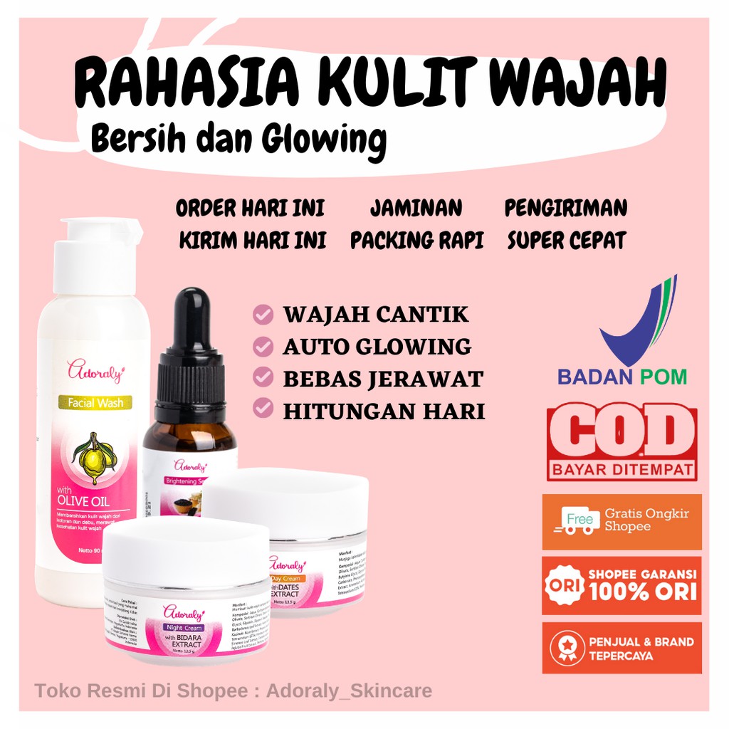 Skincare BPOM Ampuh Penghilang Jerawat Cream Whitening Pemutih Wajah Glowing Adoraly Skincare