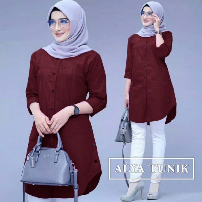 FASHION WANITA MUSLIM BAJU LEBARAN WANITA TUNIK POLOS ALYA - MAROON