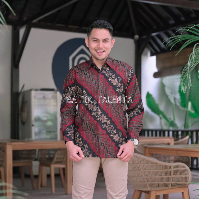 Baju batik pria lengan panjang warna merah maroon/batik kerja/batik keren/batik modern pria/batik mo