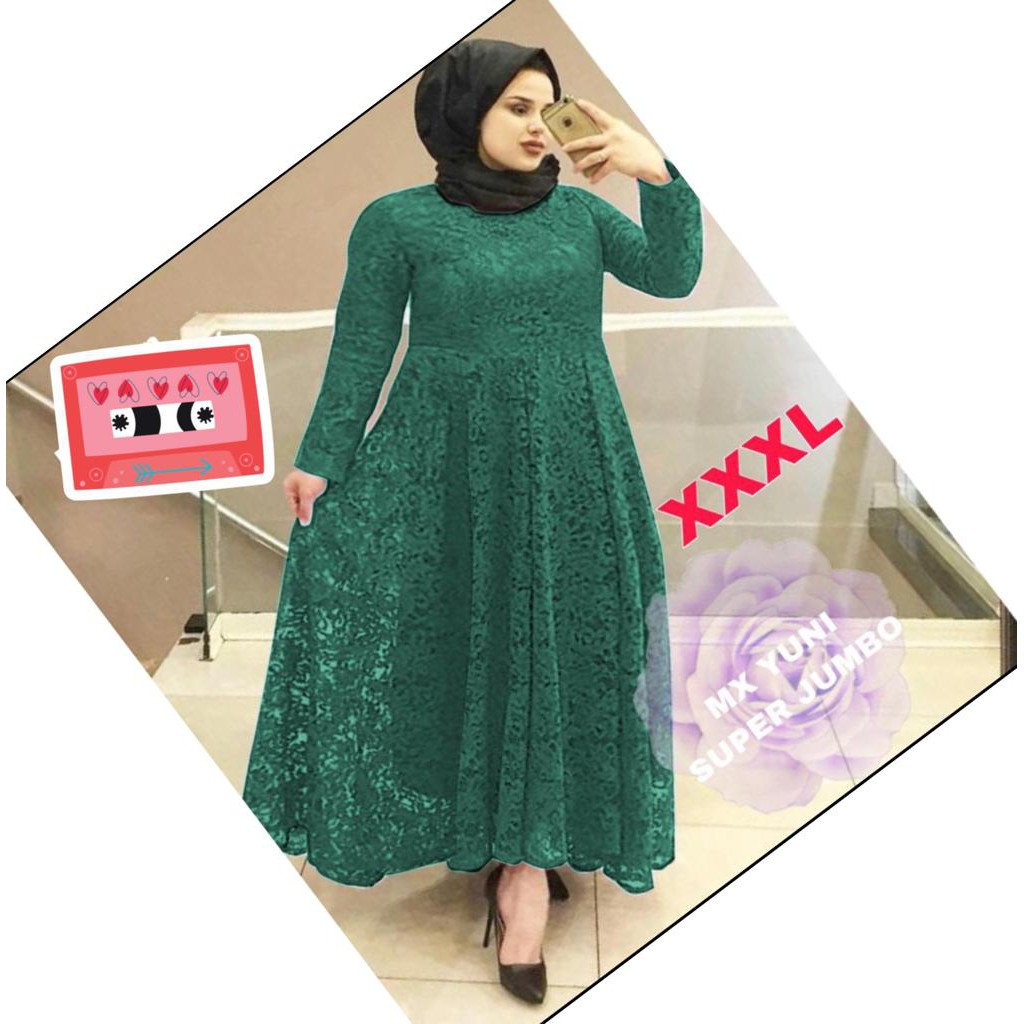 GAMIS YUNI 7 wrn JUMBO XXXL BUSUI BIGSIZE MAXI DRESS MUSLIM BRUKAT TULANG TIMBUL BROKAT CORNELI