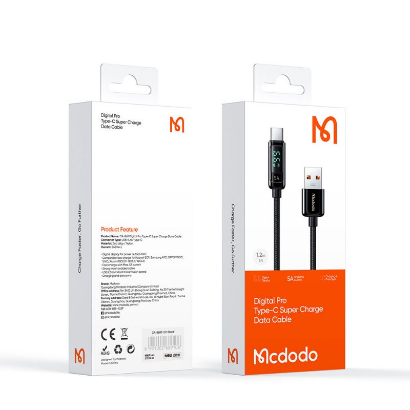 MCDODO CA-869 Cable 5A Kabel Data USB Type C Digital Display Fast Charging