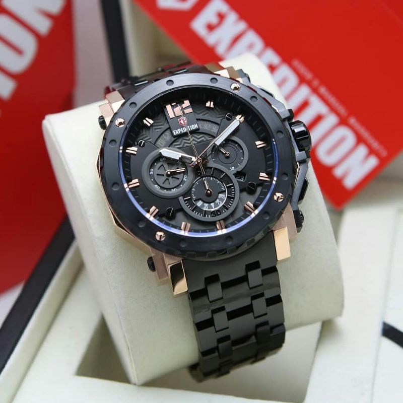 Jam Tangan Expedition Rantai E 6402 Pria / E6402 MC Black Rosegold Original