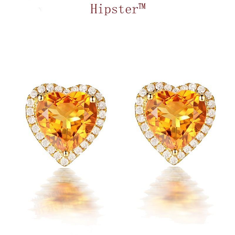 Hot Sale New Fashion Heart-Shaped Citrine Diamond Earrings