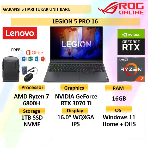 LAPTOP GAMING LENOVO LEGION 5 PRO 16 RYZEN 7 GEN 6800H RAM 16GB 1TB SSD NVIDIA GEFORCE RTX3070TI RAM 8GB WINDOWS 11 HOME + OHS LAYAR 16.0" WQXGA IPS 165HZ 4ZRGB - LAPTOP KERJA DAN KULIAH LENOVO LEGION 5 PRO -14ID