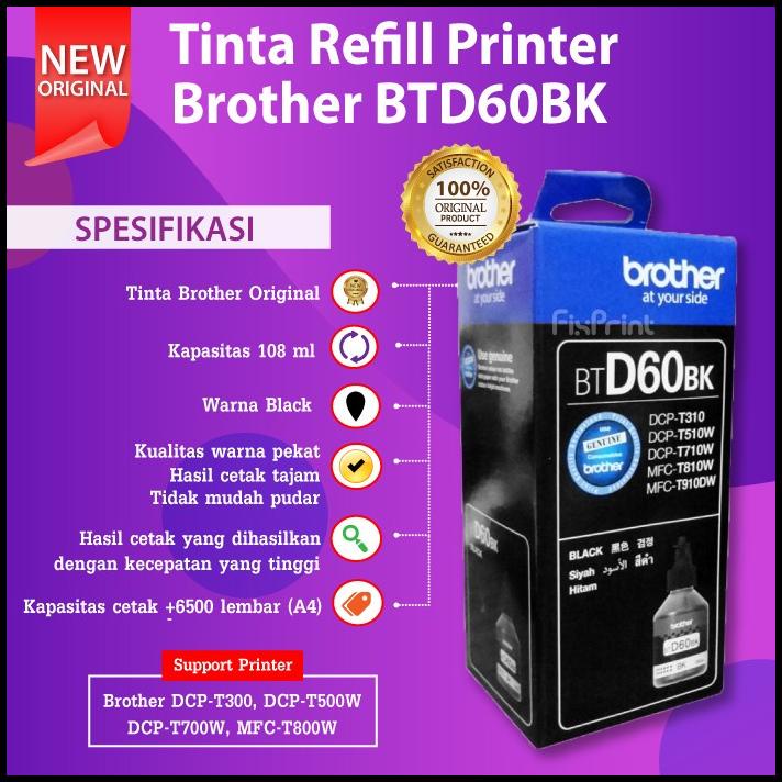 Tinta Brother Btd60Bk Bt-D60 Black Printer Mfc-T810W T910Dw T4500Dw