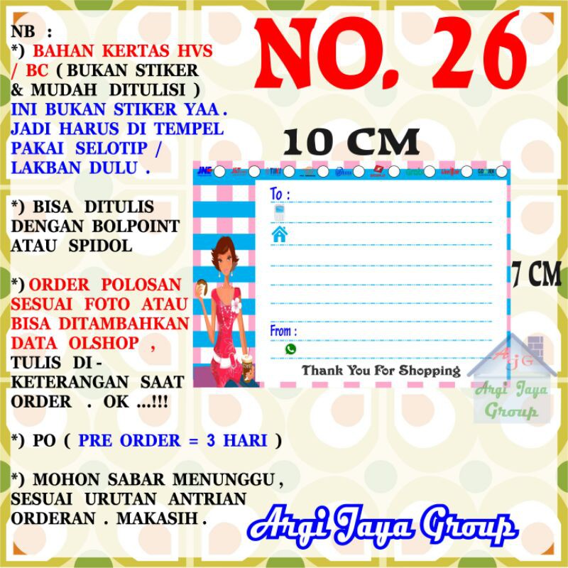 

Label Pengiriman Alamat Olshop Murah Nomer 26 - 10x7cm - Kertas BC (Manila)