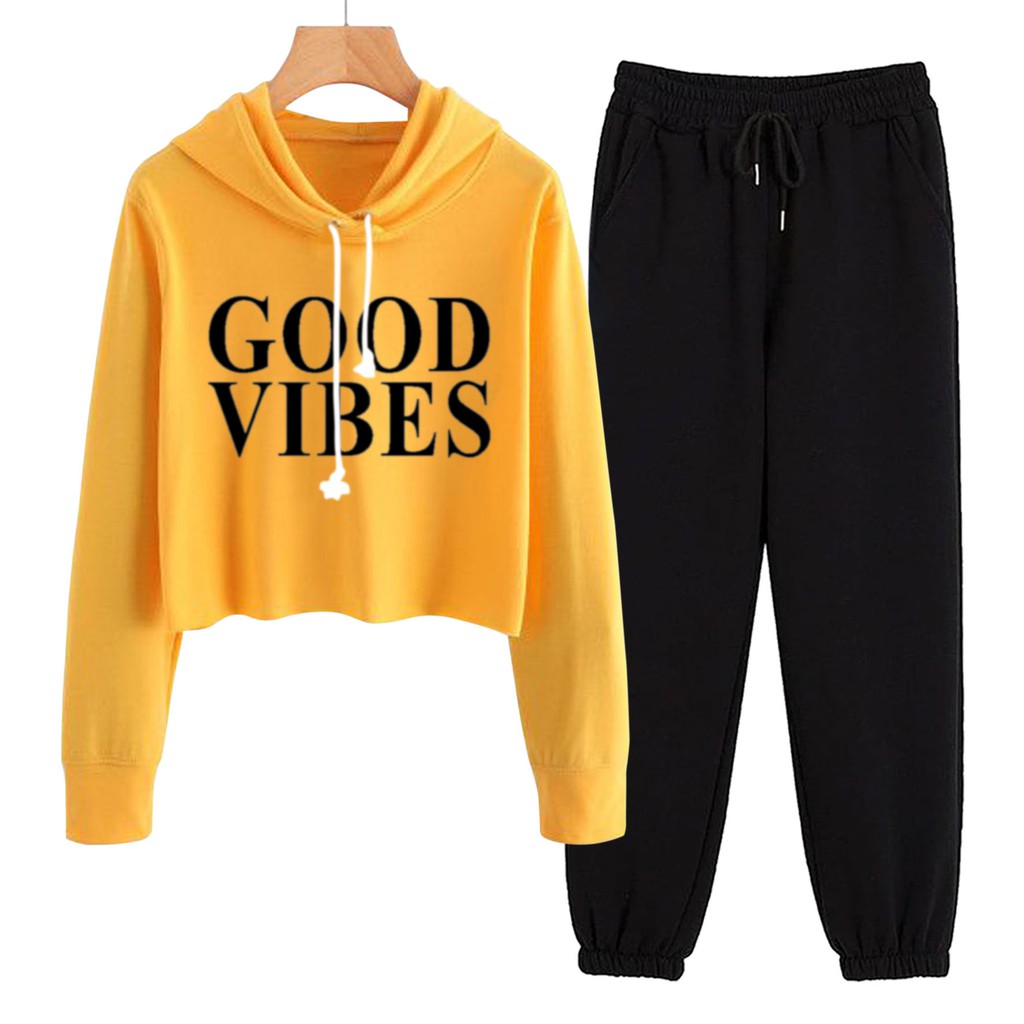 BESS - Baju Setelan Wanita Murah / Setelan Hoodie Crop + Jogger Hitam - GOOD VIBE