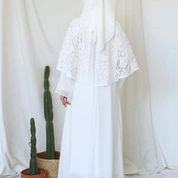 New Gamis Brukat Cape Nagita/Gamis Muslim Cape/Dress Muslim Putih #8853 - Putih Tulang, L