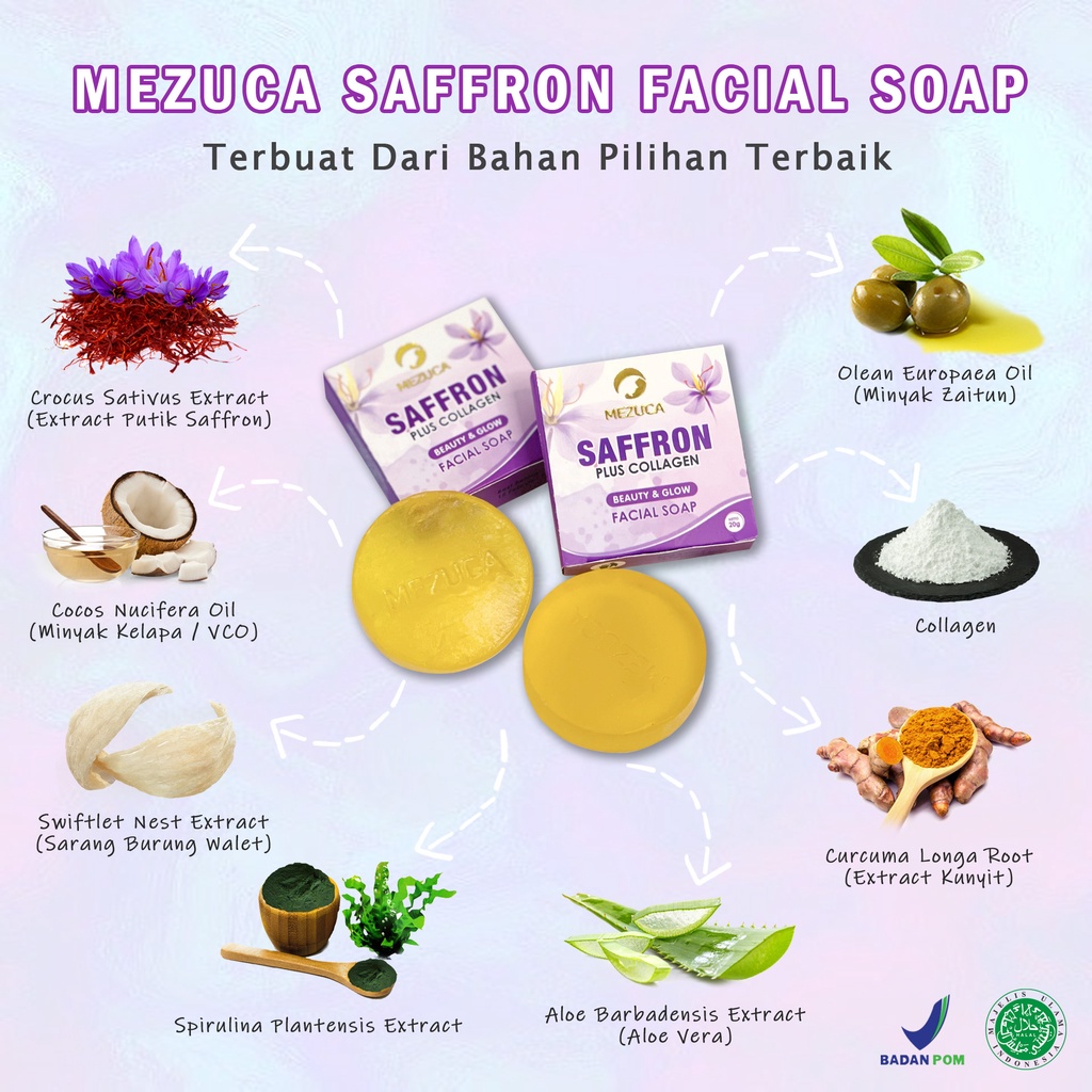 Mezuca Sabun Saffron Plus Collagen 20gr Facial Soap Anti Jerawat Pemutih Beauty Glow Glowing