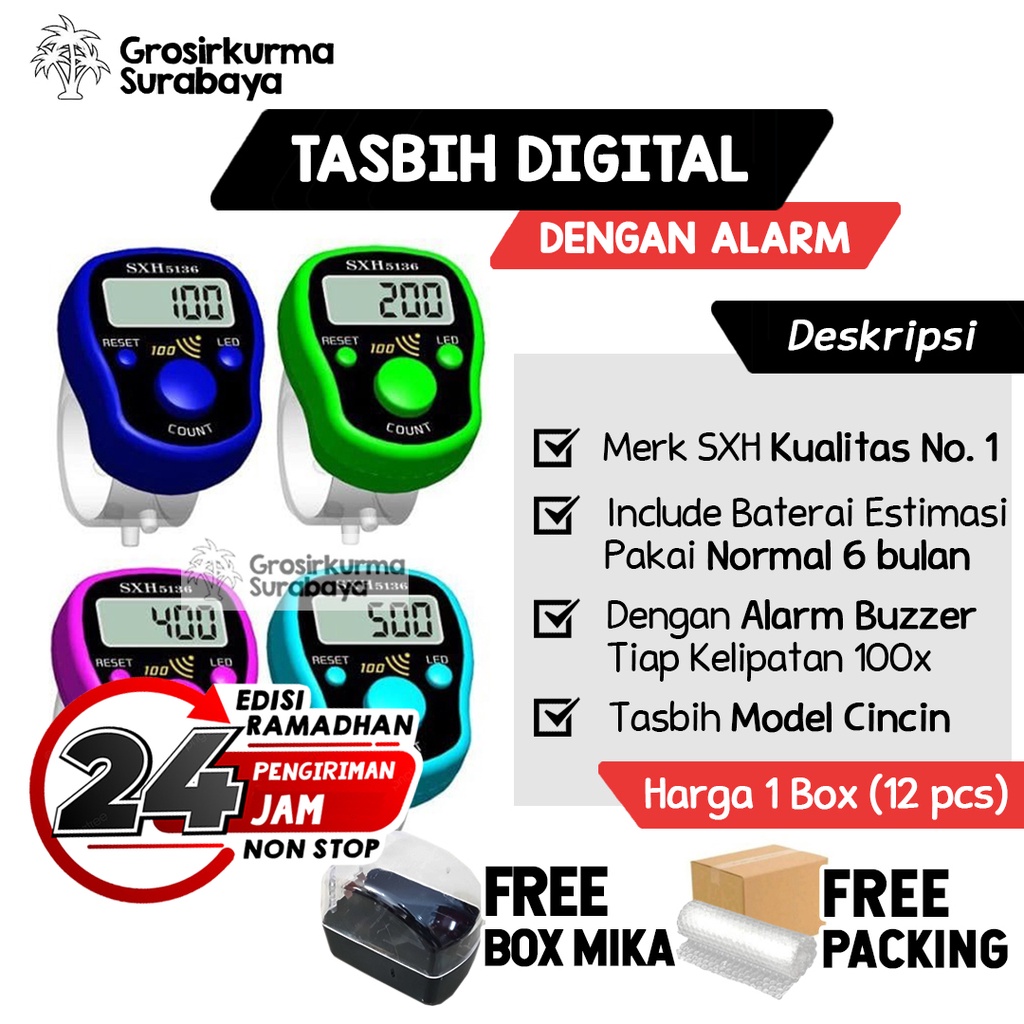 1 LUSIN (12 Pcs) Tasbih Digital Mika LED &amp; ALARM BUZZER Model Miniatur Arab Sholat Souvenir Nikah