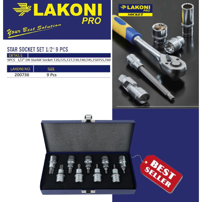 Mata Sok Bintang / Starbit Socket Set 1/2&quot; 9 Pcs Lakoni Pro 200736