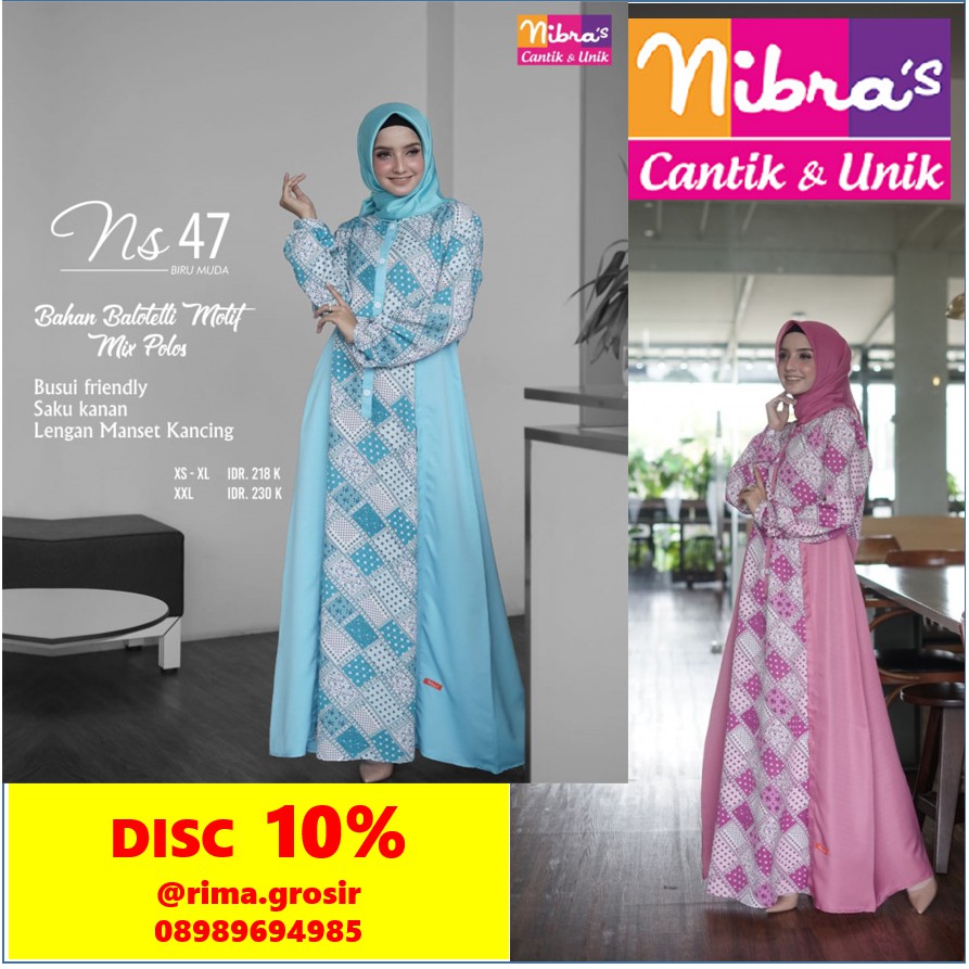 ORIGINAL GAMIS NIBRAS NS 47 DRESS SYARI BRANDED BALLOTELI MOTIF PROMO TERBARU