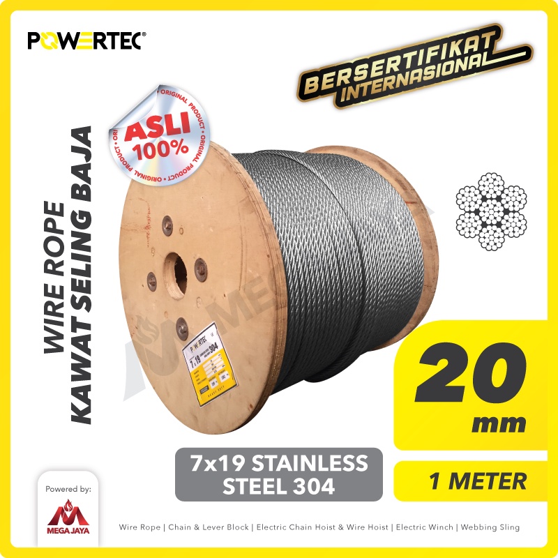 POWERTEC Wire Rope / Kawat Seling Baja 7x19 SS 304 20mm - 1 Meter