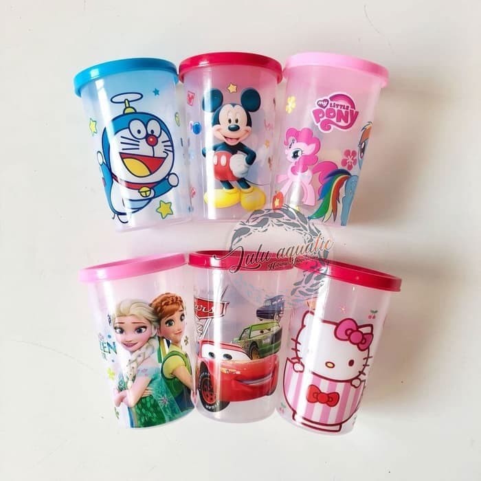 Gelas Minum Plastik / Gelas Minum Motif Kartun + tutup 300mL