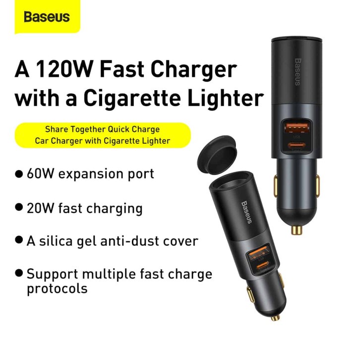 BASEUS 120W Fast Car Charger w/ Cigarette Lighter Port U+C 120W CCBT