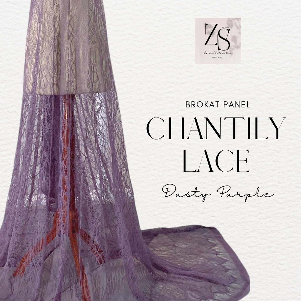 Bahan Kain Brokat Brukat Panel Chantily Lace Semi Prancis France Warna Ungu Dusty Purple