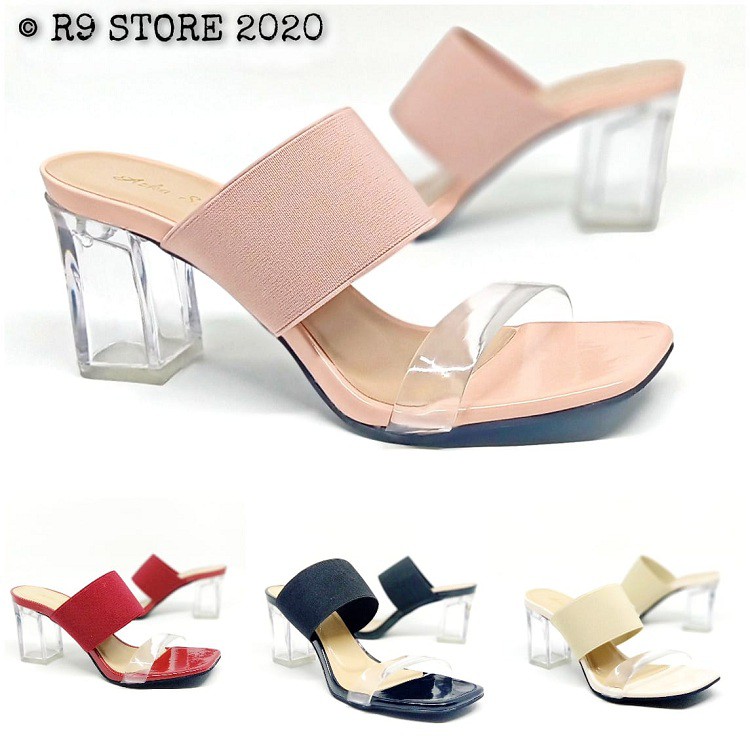 R9 MEGA DISKON ORIGINAL YR 39 Heels kaca jelly transparant kombinasi karet CINDERELLA 7cm