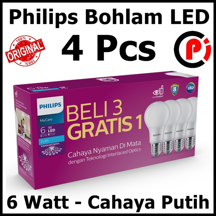 Philips Lampu Bohlam LED 6W 6 Watt Cahaya Putih MyCare Isi 4 Pcs