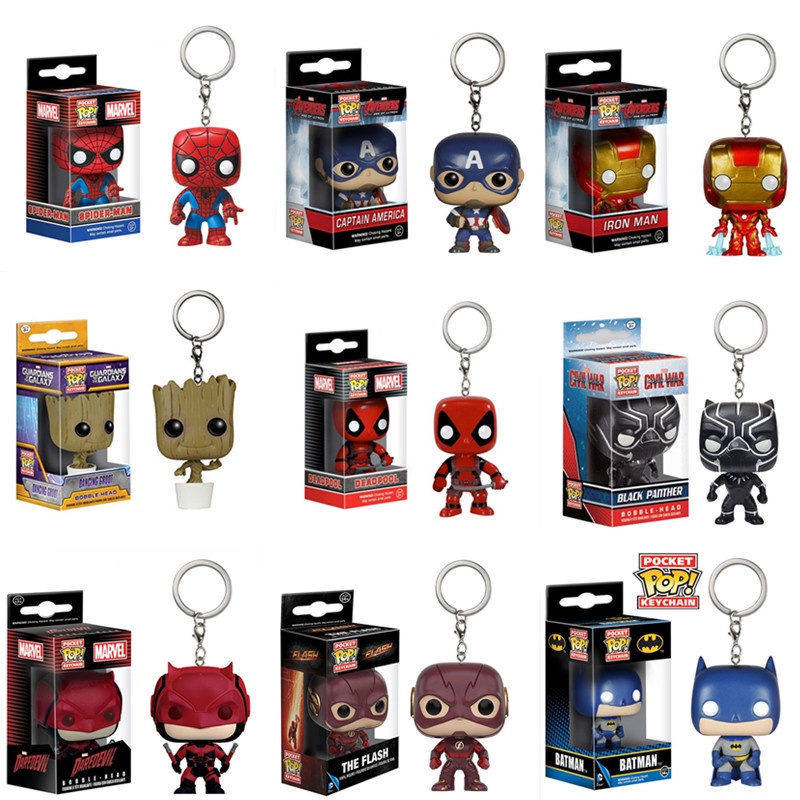 Funko POP Gantungan Kunci Action Figure Avengers Spider Man Groot Black Panther Bahan PVC