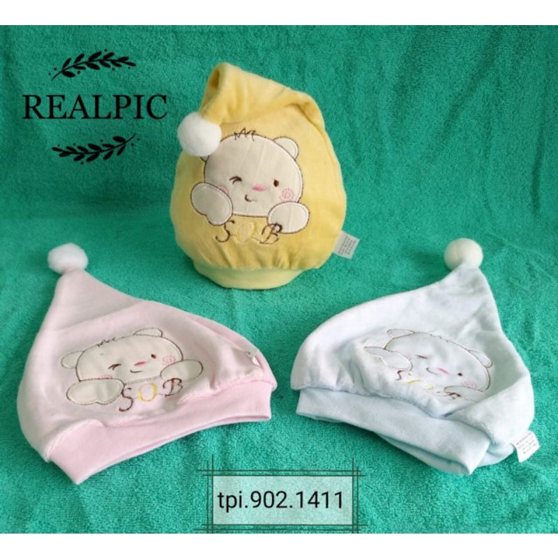 Topi bayi kurcaci katun bludru new born bordir beruang 0 - 4 bulan