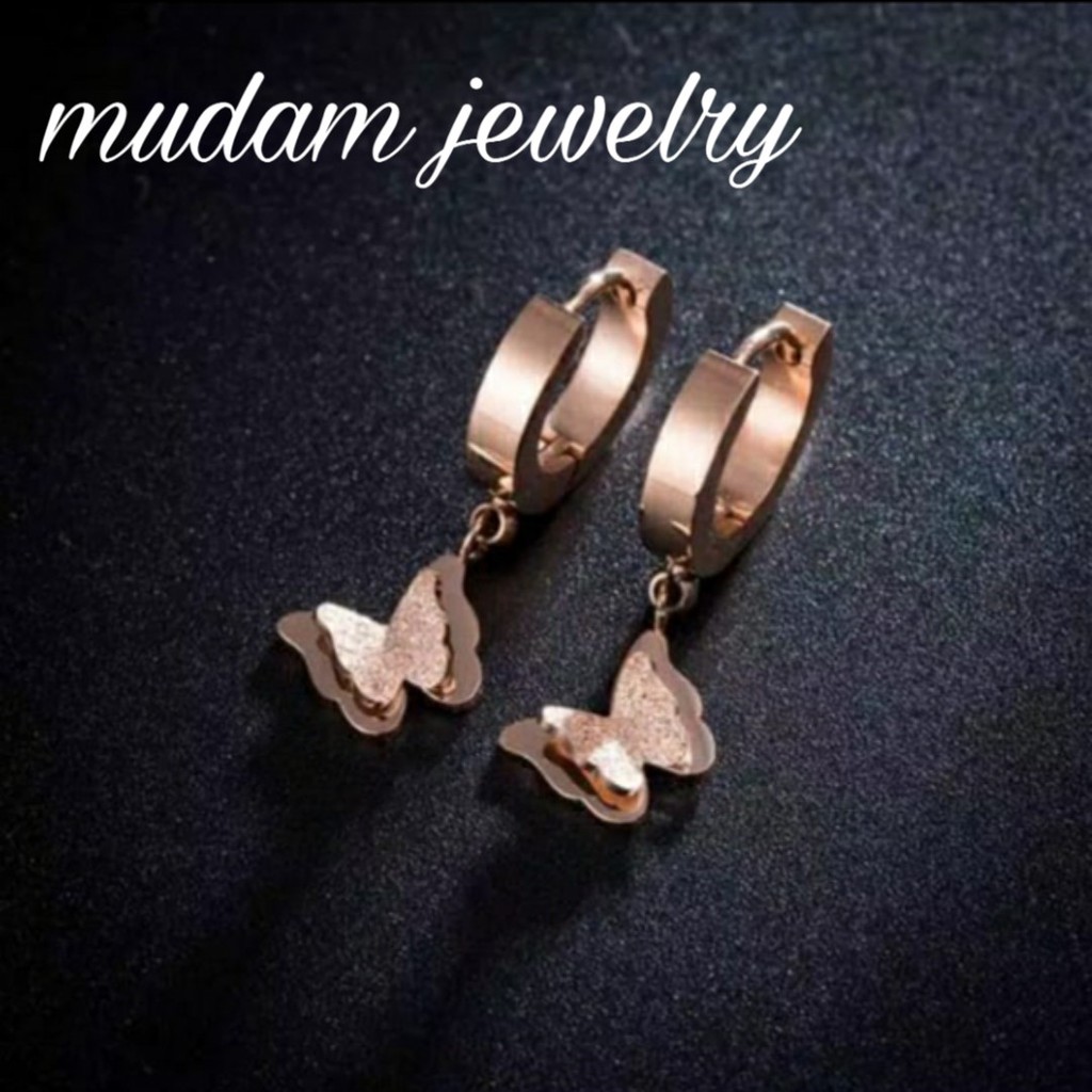 Anting Titanium Kupu-Kupu Juntai Untuk Wanita Fashion Warna Rose Gold, Gold dan Silver