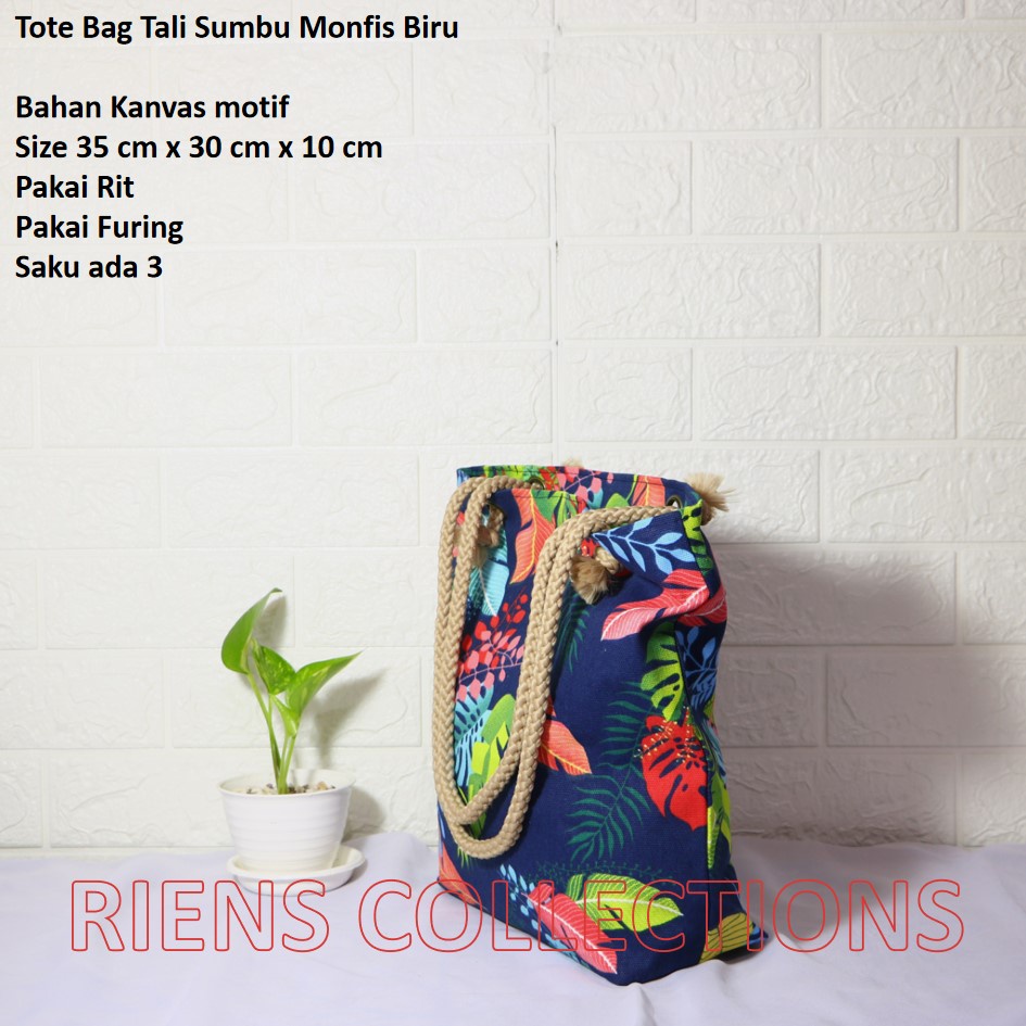 TOTEBAG KANVAS TALI SUMBU MOTIF MONFIS BIRU. TAS WANITA KANVAS. TAS JOGJA. Riens Collections