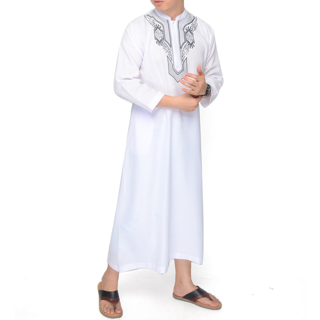 Baju Gamis Murah Pria Dewasa / Jubah Gamis Putih Hitam Panjang / AL HARAMAIN Bordir List Putih Hitam