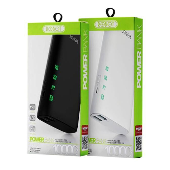 ROBOT RT130 10000MAH 2 USB PORTS 2.1A POWER BANK 4 GRID POWER DISPLAY HITAM