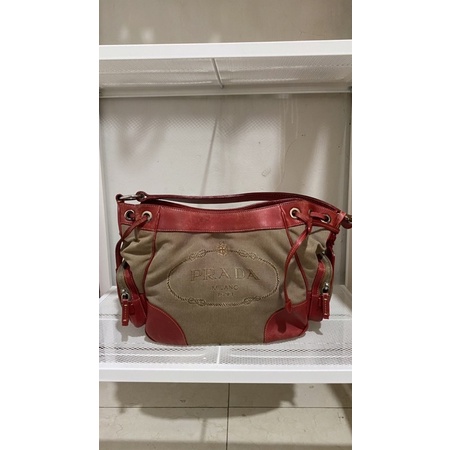 PRELOVED TAS PRADA MILANO AUTHENTIC BEKAS PRADA BEIGE JACQUARD LOGO CANVAS