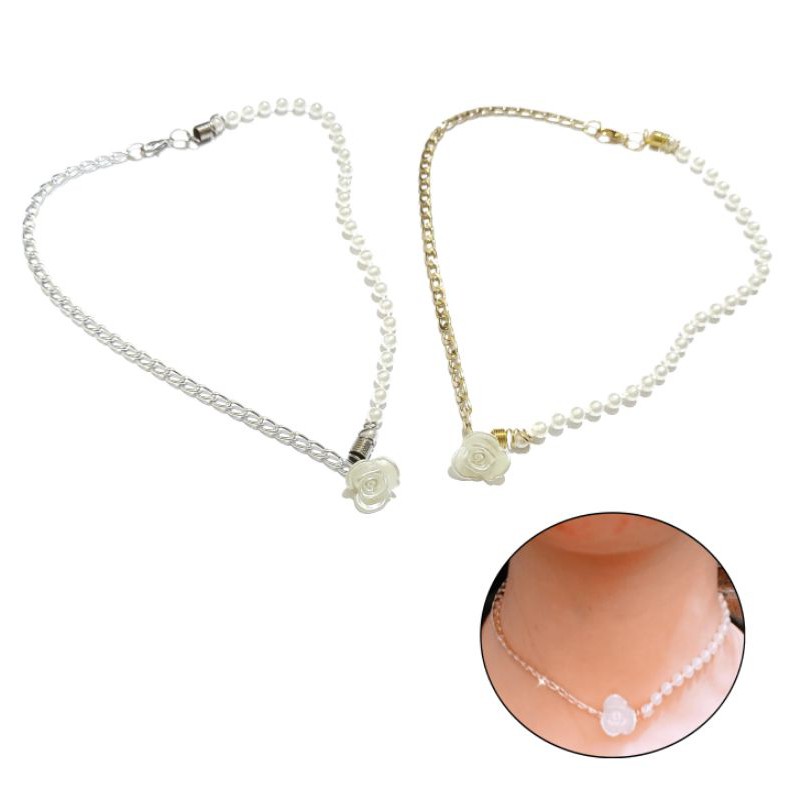 Kalung Choker Rose Asymetric Rantai Mutiara Pearl Korea Korean Necklace Asimetri