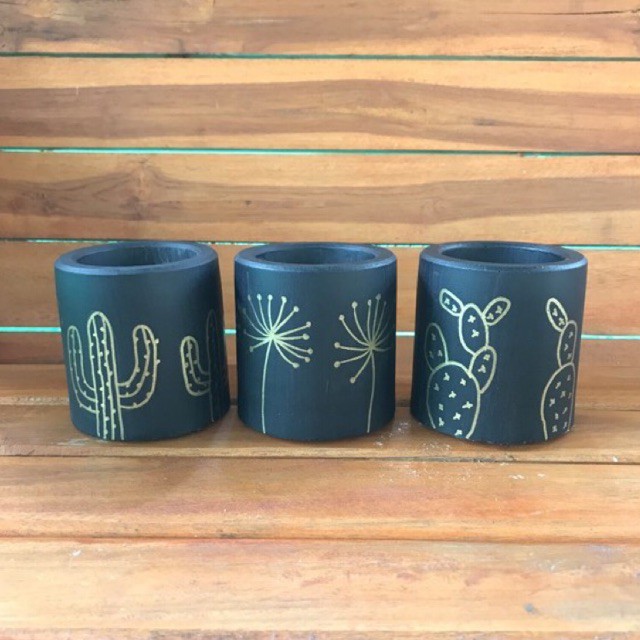 Pot concrete lukis hitam | Pot Semen motif | Pot Kaktus Sukulen | Bukan teracota / Gerabah