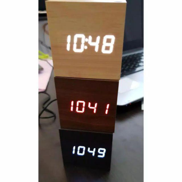 Jam Weker Kayu Digital Led Clock Wood Small Alarm Temp Date Kalender