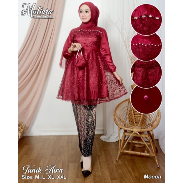 Zaja - Baju Set Tunik Aira Rempel Payet Dada &amp; Free Masker + Full Inner Cavali / Stelan Kebaya Modern Terbaru / One Set Baju Wisuda Dan Pesta Cantik Tulle Bordir Twotone / Pakian Baju Seragaman Keluarga Cewek