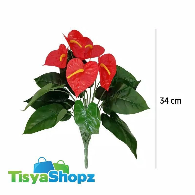 Bunga Anthurium Merah tinggi 34 cm / Bunga Hias Artificial [ tanpa pot ]