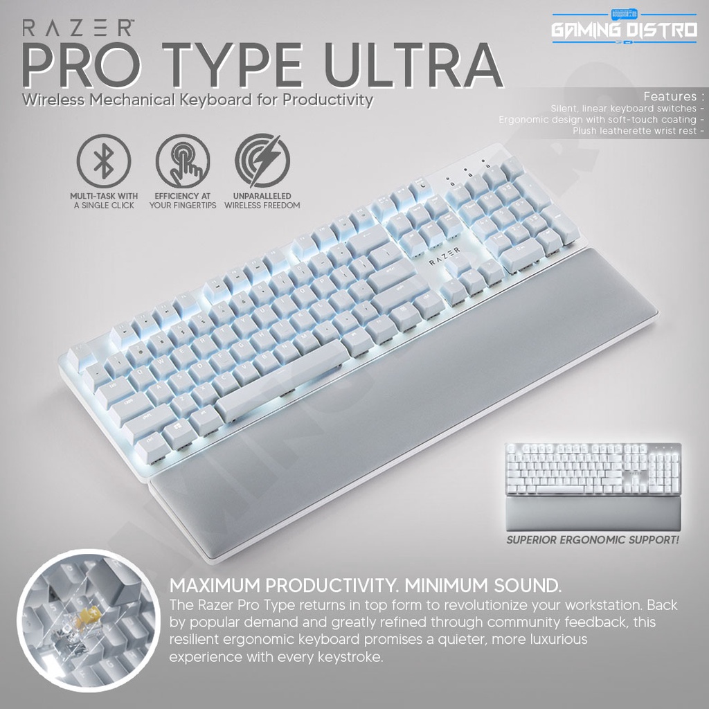 Razer Pro Type Ultra - Keyboard Mekanik Nirkabel untuk Produktivitas, Silver dan Matte White