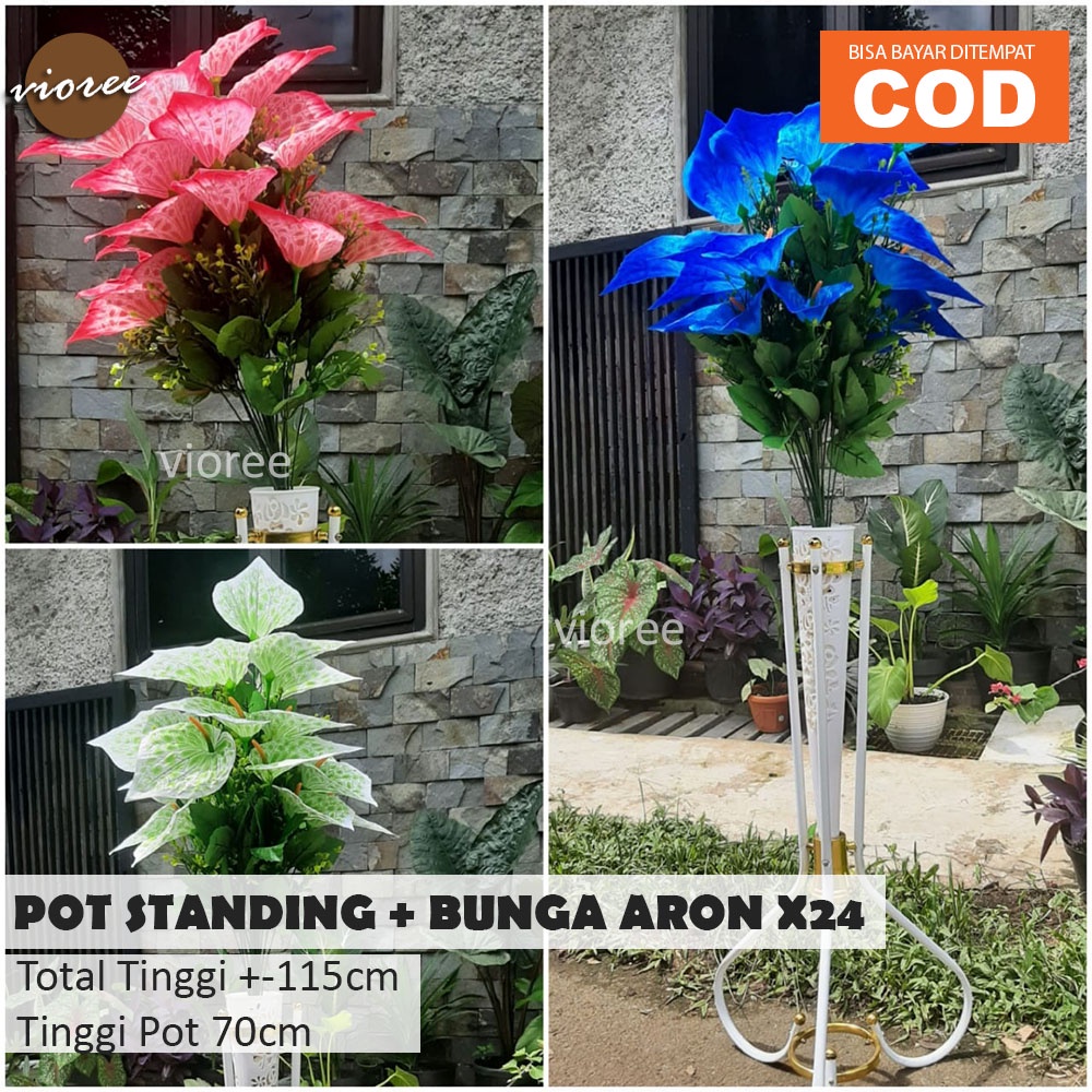 [ Vioree ] Pot bunga Hiasan Ruang Tamu Aron Panda Anthurium 24 Kuntum Pojok Vas Corong Standing Besi