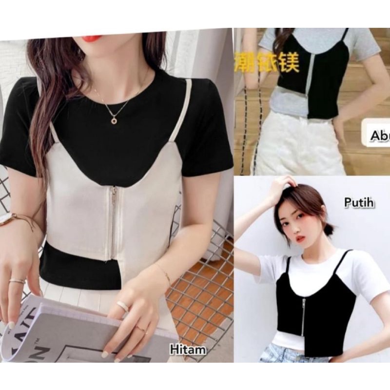 Blus Kaos Crop Rompi Depan Resleting - All Size