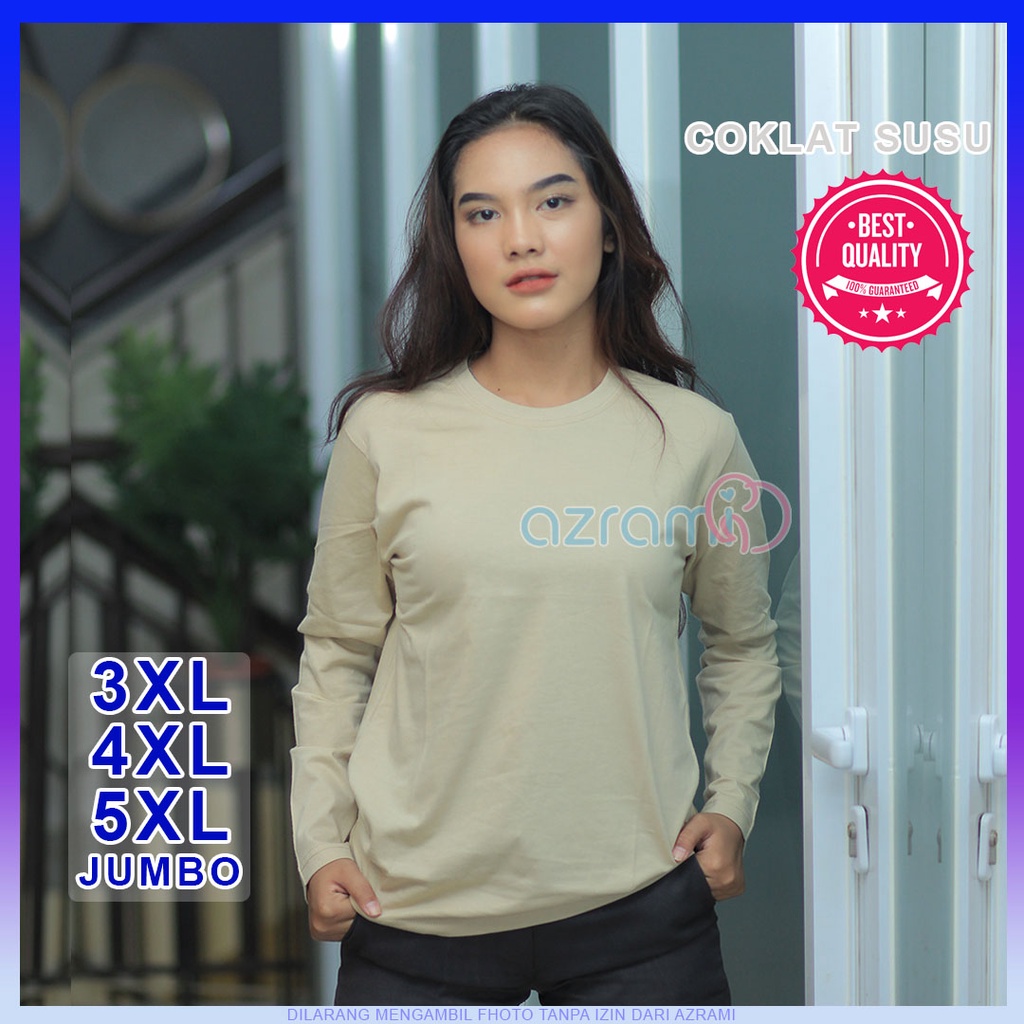 AZRAMI - Kaos Polos Wanita Lengan Panjang Jumbo Murah Warna Coklat Susu